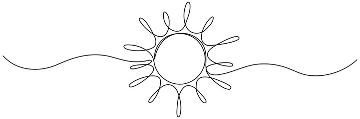 Sun continuous line art drawn. Summer sun contour line symbol. Vector illustration isolated on white.