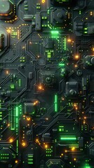 Fototapeta premium A close-up view of a dark circuit board featuring intricate patterns and illuminated components in green and orange lights.