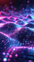 A vibrant, abstract representation of undulating waves with glowing dots and lines in blue and pink tones, evoking a sense of digital energy and motion.