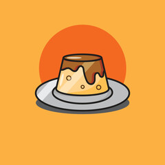 Cute Cartoon Pudding with Caramel Sauce Vector Illustration on Plate for Dessert Branding