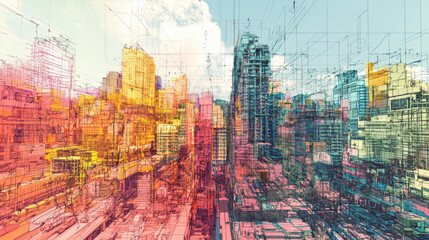 vibrant, abstract cityscape with colorful, geometric outlines creates futuristic urban scene