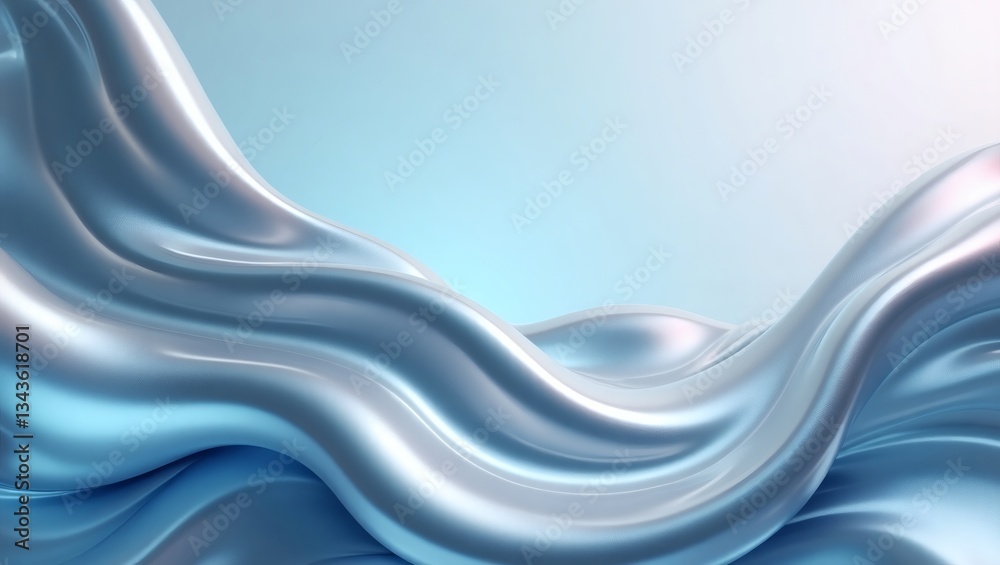 Poster a flowing, glossy, silver satin fabric. the fabric is draped in graceful waves, illuminated with lig