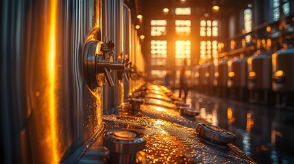 Gleaming brewery with stainless steel vats and workers monitoring the fermentation process