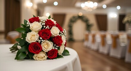 Obraz premium Luxurious wedding bouquet of roses: red and white flowers on the background of the wedding hall