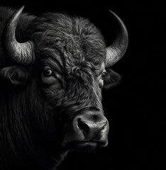 Naklejka premium Dramatic black and white portrait of a bison with detailed fur and horns against a dark background.