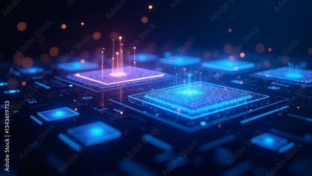 Poster a futuristic image of a circuit board, with glowing lights and data streams, suggesting advanced tec