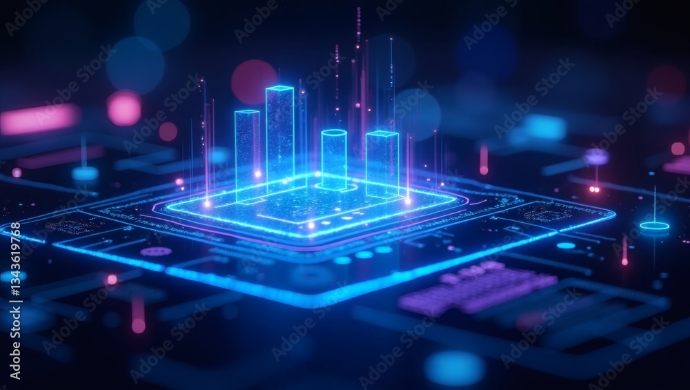 Poster futuristic digital data analysis and processing, illustrated with vibrant neon colors. this image em