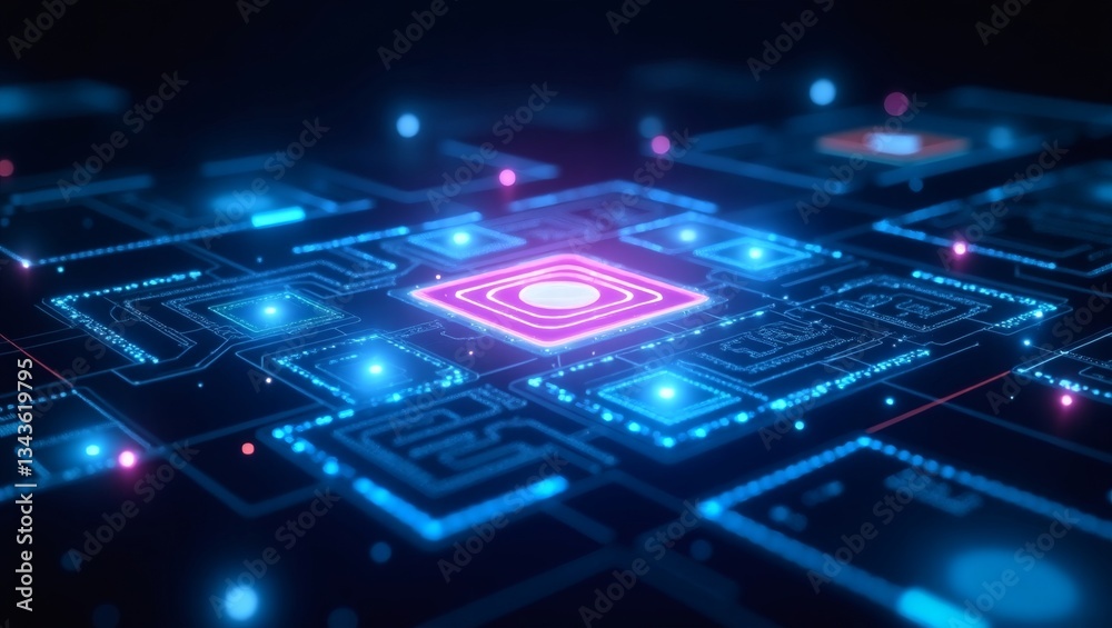 Poster a futuristic computer motherboard, glowing with neon lights and intricate circuitry, showing modern 