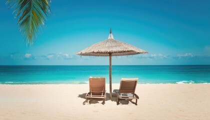 Tropical beach chaise lounge umbrella summer vacation