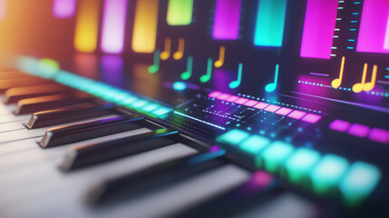 vibrant digital interface with colorful MIDI notes and velocity bars above piano keyboard
