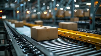 Cardboard boxes on automated conveyor belt in a warehouse