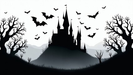 a spooky silhouette of a gothic castle with bats flying in the sky