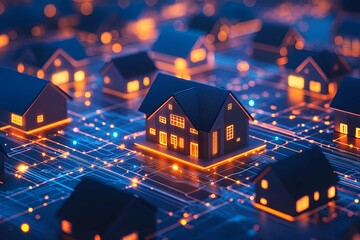 Illuminated miniature houses are connected on a digital circuit board