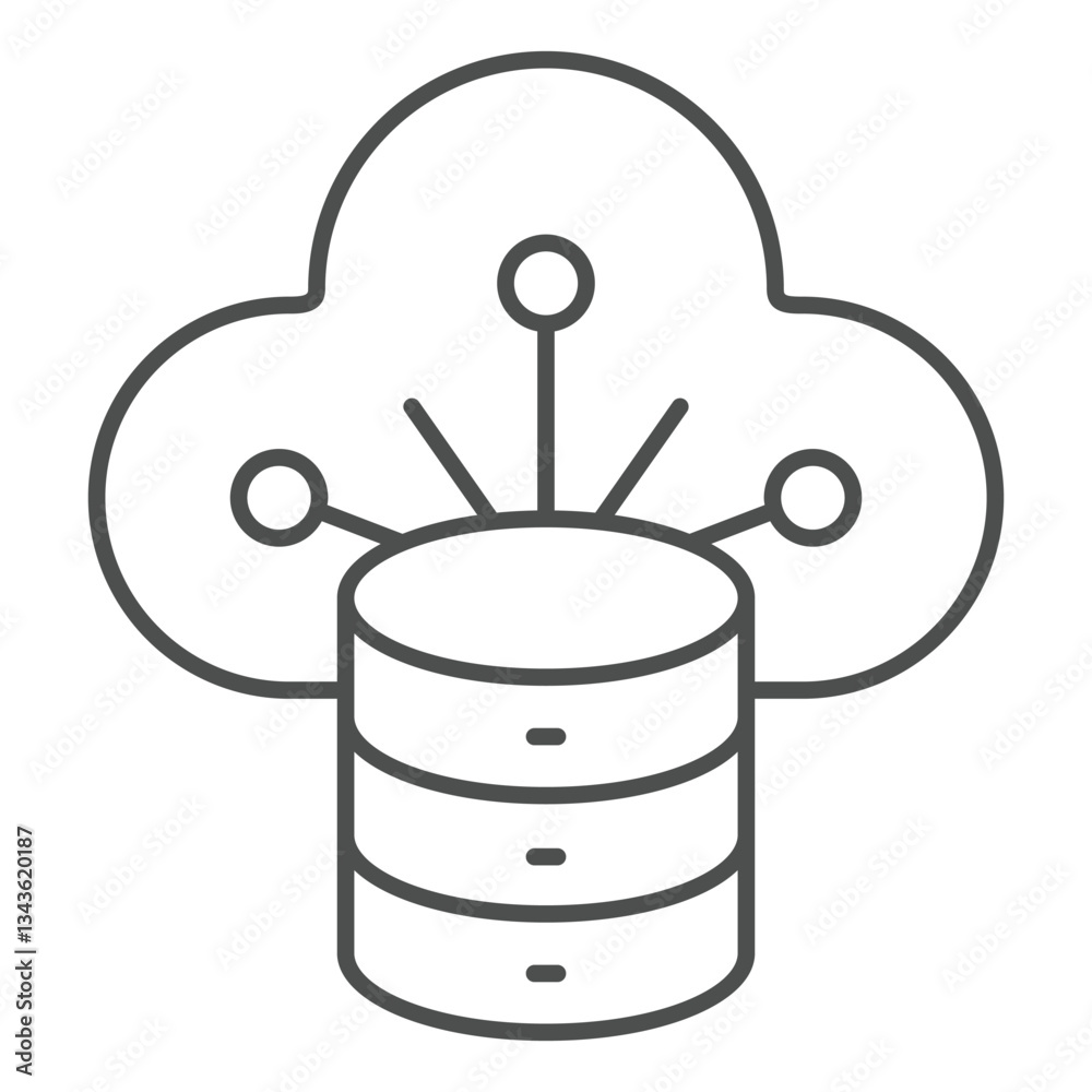 Poster disks array cloud storing thin line icon, data sharing concept. vector graphics. uploading files, da