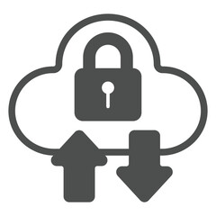 Cloud with lock and arrows solid icon, data protection concept. Vector graphics. Secure uploading sign on white background, glyph style icon for mobile or web design.
