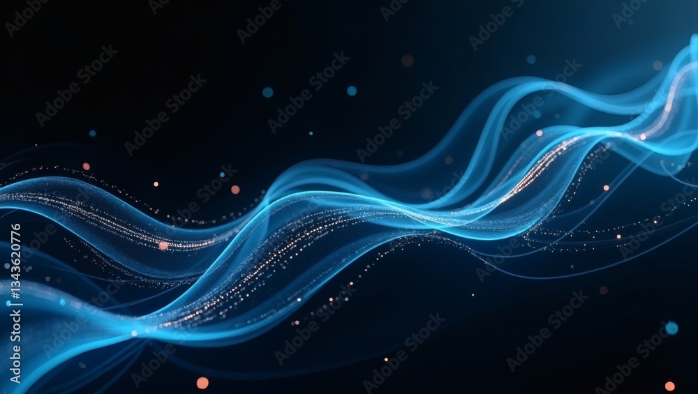 Poster an abstract digital background featuring flowing blue lines with particles