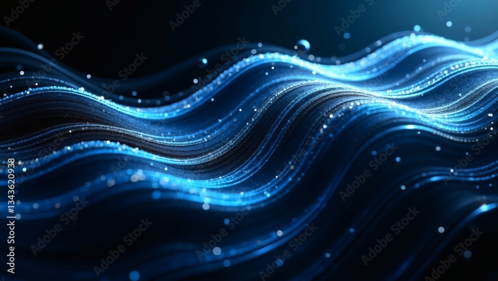 Poster an abstract wavy flowing background with blue lights, create dynamic and modern look. The sparkling particles and light trails give a sense of depth and movement