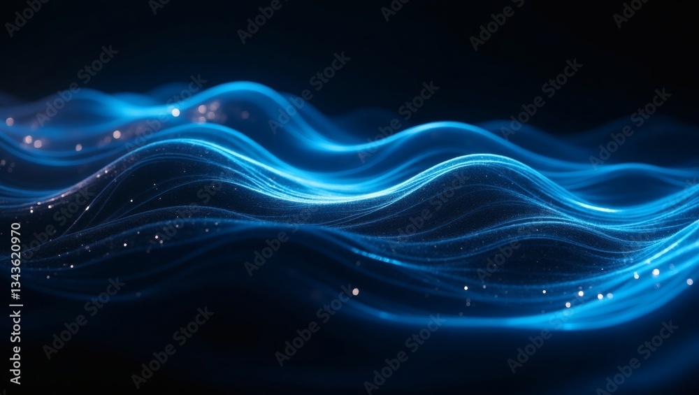 Poster abstract blue waves with glowing particles, a modern and dynamic design. The flowing lines and luminous details create a sense of movement and energy, making it a visually appealing representation