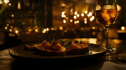 A beautiful plate of savory toast accompanied by a glass of wine creating a perfectly harmonious culinary experience for dining.