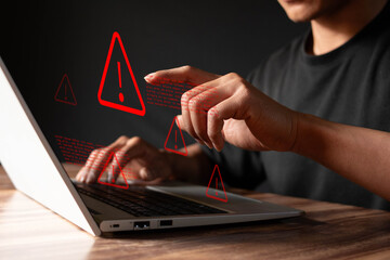 Ransomware Attacks and Data Breaches Businessman Using Laptop With Viruses Spam Alert Beware of...
