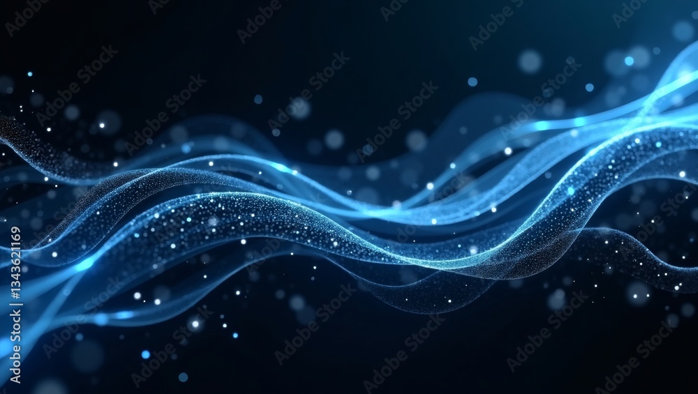 Poster abstract blue digital flowing waves with sparkling particles on a dark background, creating a sense of movement and energy. The design is perfect for representing data, technology.