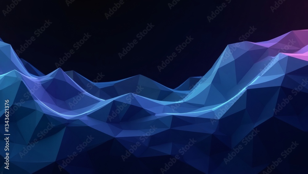 Poster abstract low poly 3D mountain terrain with a vibrant gradient of blue and purple. The composition creates a sense of depth and dynamic motion