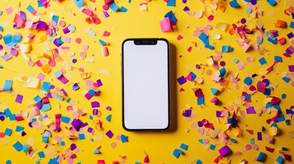 Smartphone with a blank screen is surrounded by colorful confetti