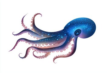 Fototapeta premium Colorful octopus illustration with vibrant blue and purple hues, showcasing its tentacles and unique features against a white background.