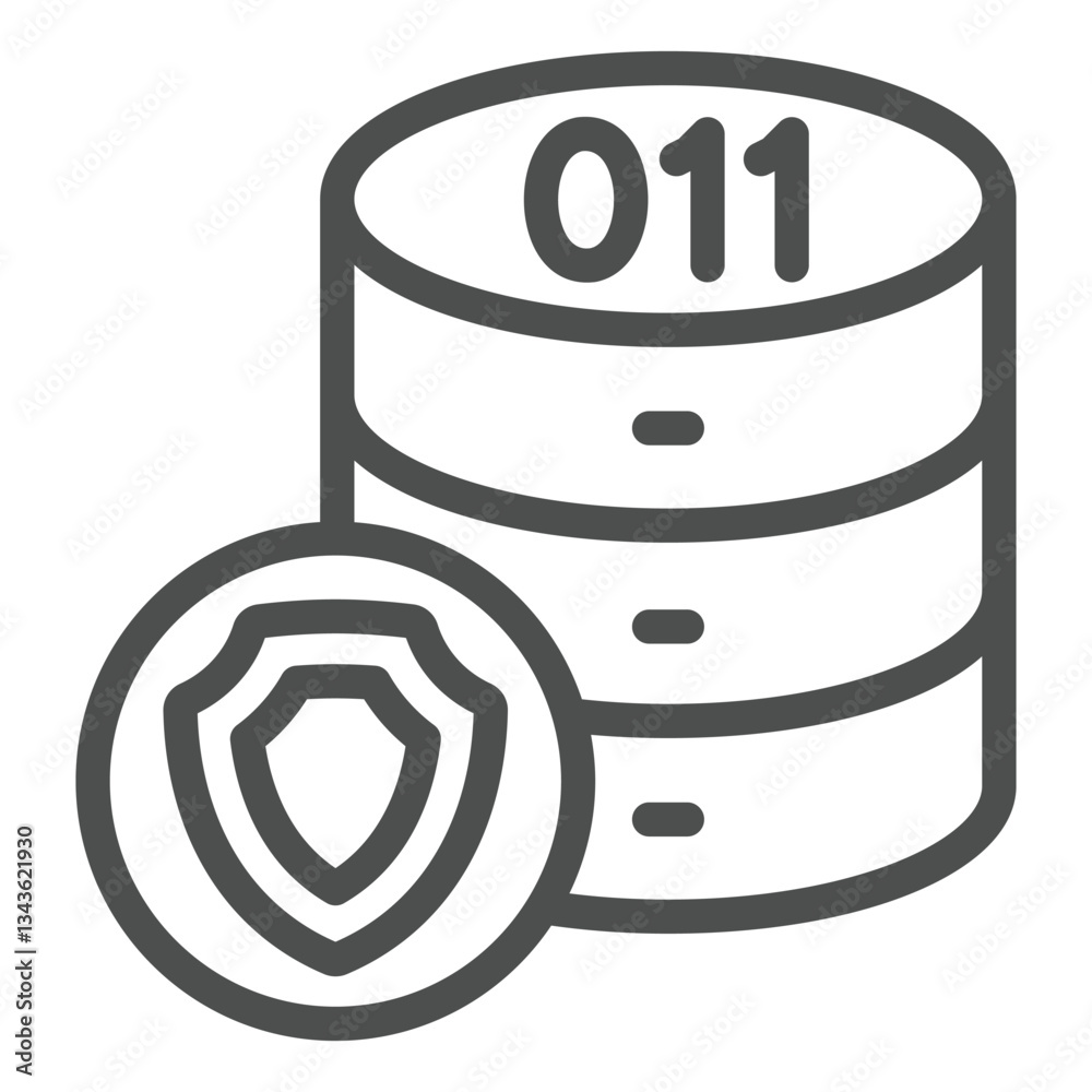 Poster hard disks array with emblem line icon, data protection concept. vector graphics. storage with shiel