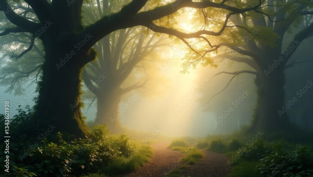 Poster a mystical forest with sunlight streaming through the trees, creating a serene and enchanting atmosphere. A pathway invites the viewer to explore