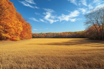 Naklejka premium Autumn field with colorful trees under a blue sky