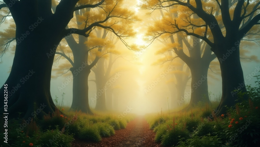 Aufkleber a misty forest path with sunlight filtering through the trees