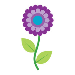 Purple and Teal Flower with Green Stem and Leaves - Vector Illustration
