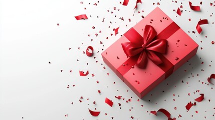 Bright Red Gift Box with Bow Surrounded by Festive Confetti and Ribbons for Celebrations and Special Occasions