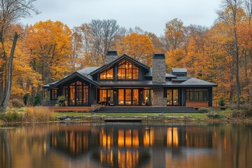 Modern lakeside home in autumn forest with glowing windows reflected in calm water