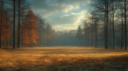 Fototapeta premium Misty sunrise over golden meadow in autumn forest clearing