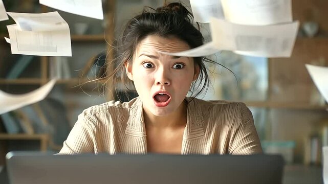 Shocked woman gasping at laptop with papers flying off desk