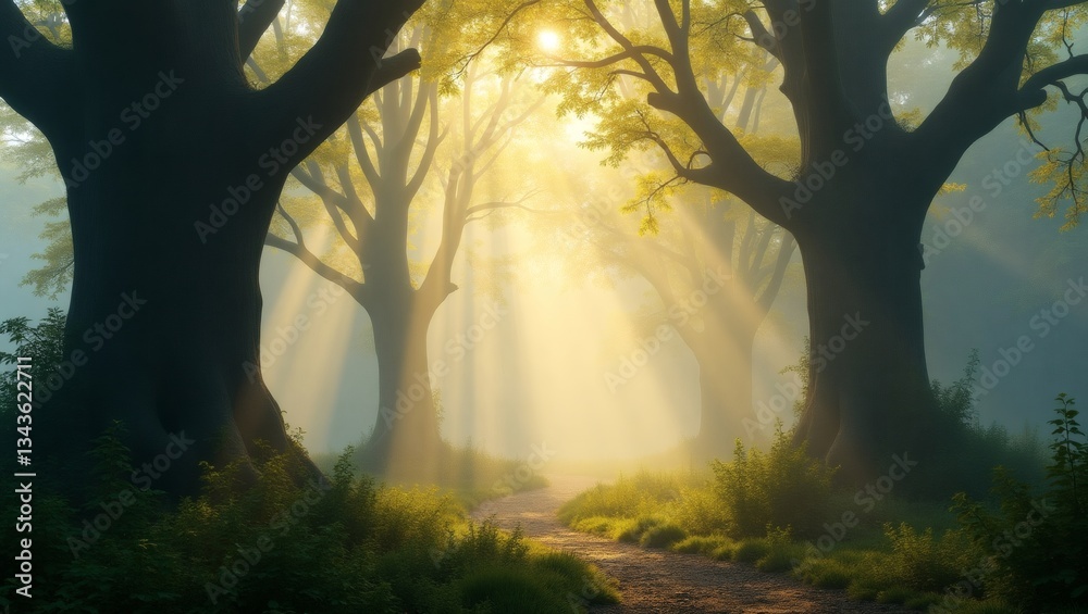 Poster sunlight filtering through the trees on a forest path, creating a magical and serene atmosphere. The light shines through the trees, illuminating the path