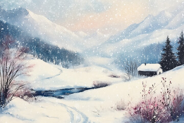 Digital painting of river, trees and mountains at winter