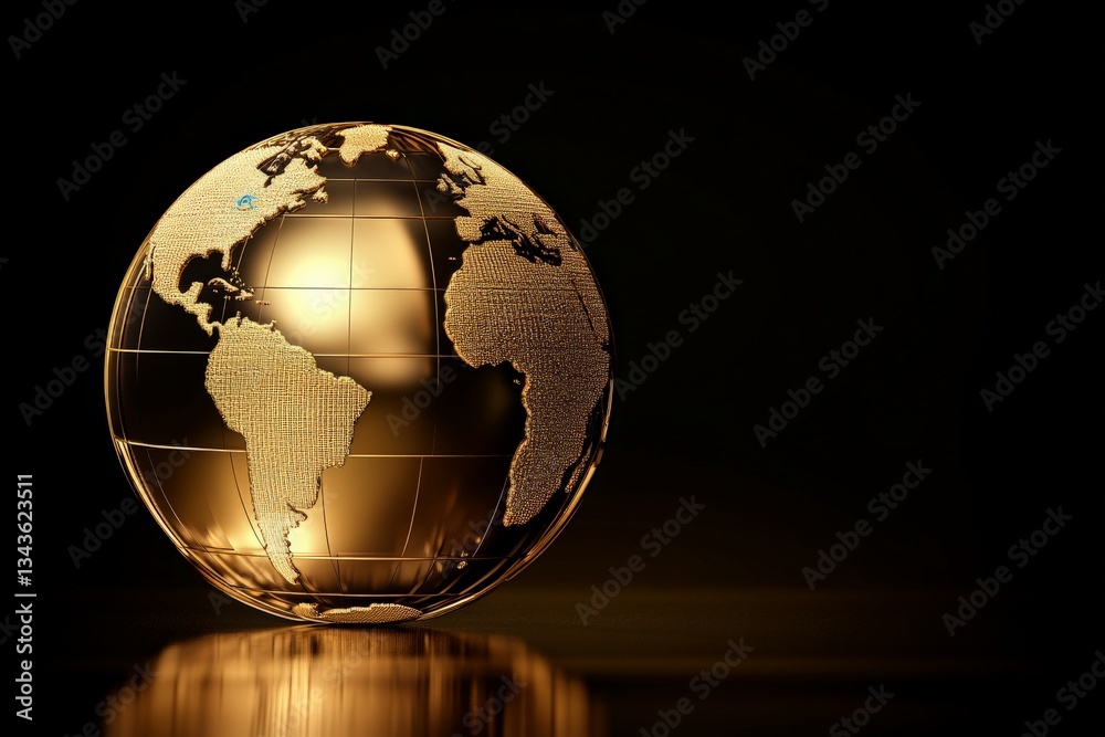 Aufkleber Golden globe representing the earth displayed on a dark background with reflections and a polished surface