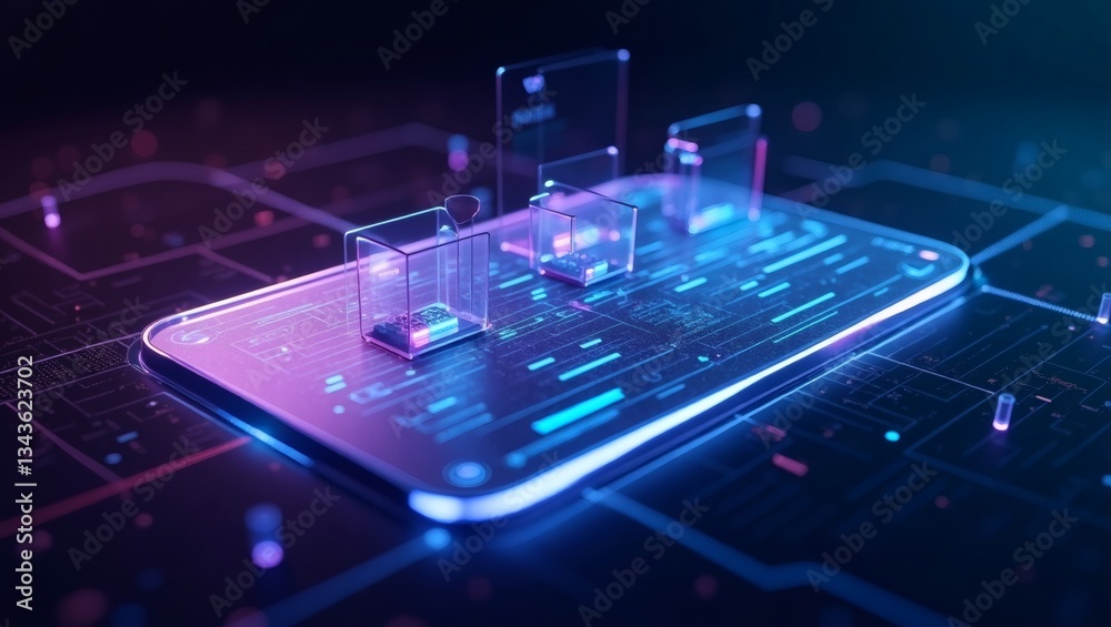 Poster a modern smartphone with an abstract digital overlay, representing data and technology. The device is the focal point, with data visualization elements adding to the futuristic scene
