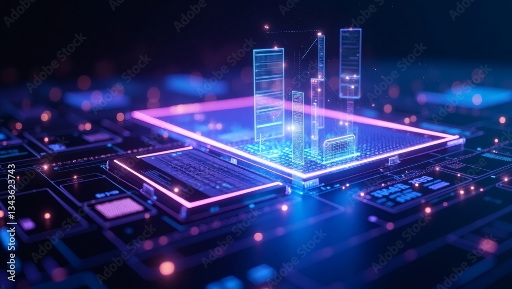 Poster high-tech graphic showing data analysis, with a glowing cityscape on a computer chip