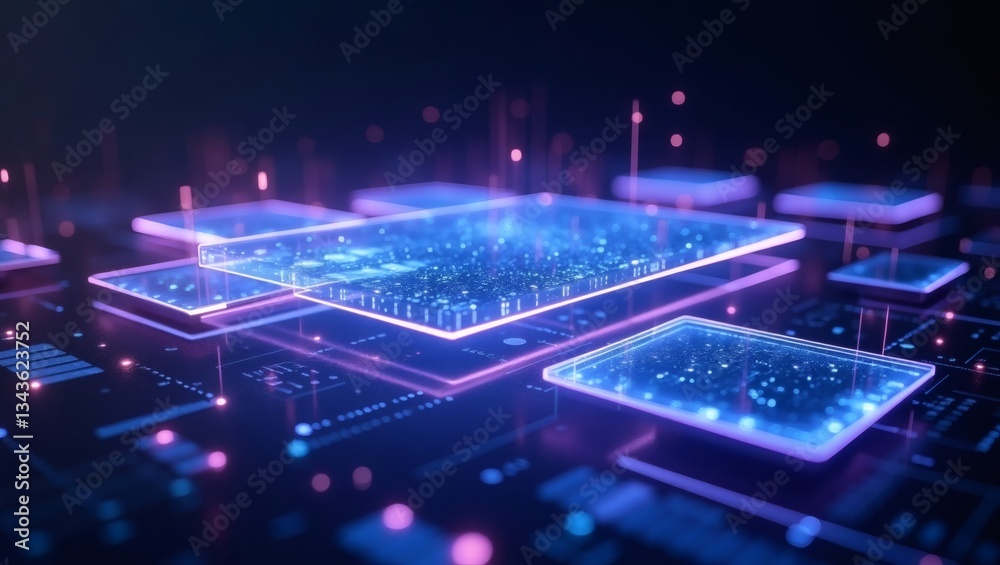 Poster a digital circuit board showcasing modern technology and data transfer with glowing neon effects