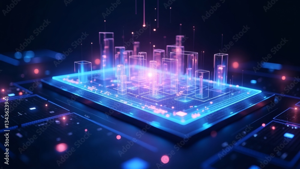 Poster a vibrant digital cityscape hovering above a glowing circuit board, highlighting the integration of technology and urban development
