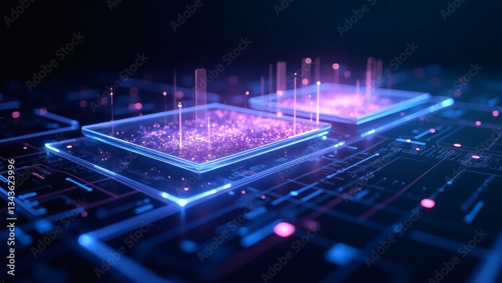 Aufkleber glowing circuit board with digital data stream and microchip. Illustrating technological advancements in processing 
