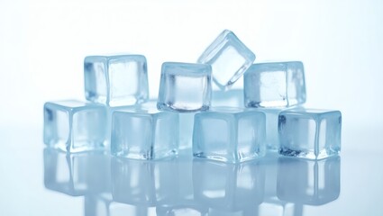 a close-up shot of several clear ice cubes, stacked together. The image highlights their transparency and the way they reflect light