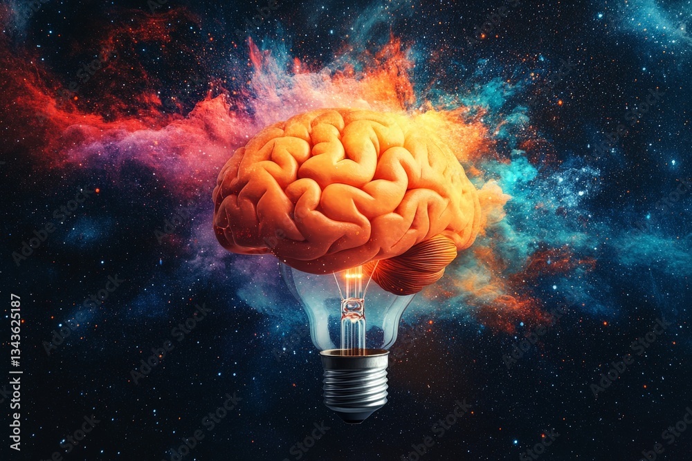 Aufkleber brain floating in a cosmic galaxy with a light bulb base representing creativity and intelligence in
