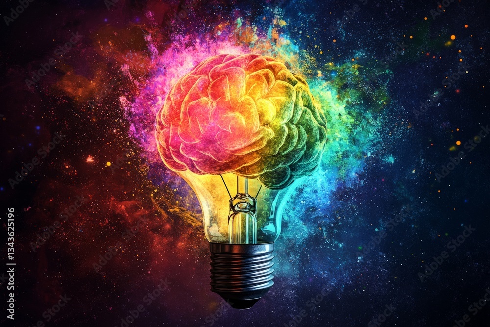 Poster colorful brain inside a light bulb represents creativity and innovation with cosmic background