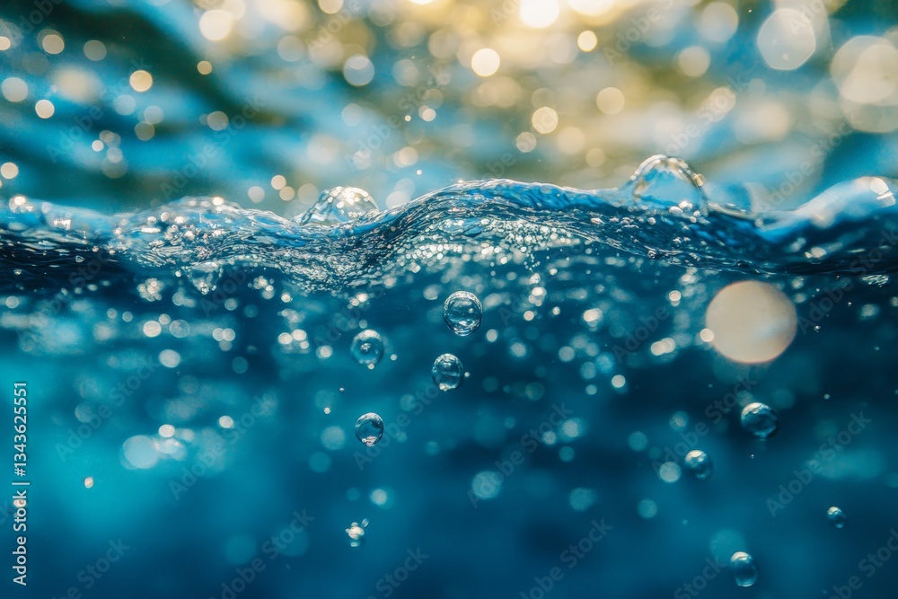 Poster Captivating underwater view showing shimmering bubbles and soft waves during bright daylight