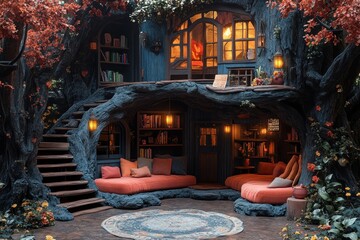 Naklejka premium Enchanted forest home; cozy reading nook; autumnal decor